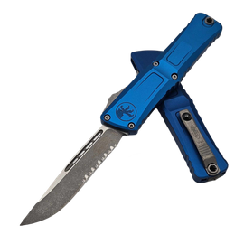 Microtech Combat Troodon S/E Gen III OTF Knife Blue Aluminum, Apocalyptic P/S M390MK by Tony Marfione (1143-11APBL)