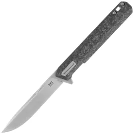 Tekto F2 Bravo Knife Black Forged Carbon Fiber, Silver HW/Clip, Satin D2