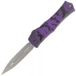 Microtech Hera II Mini D/E Signature Halloween Purple Bats Aluminum, Satin M390MK OTF Knife by Tony and Sean Marfione (1702M-1HWBAS)