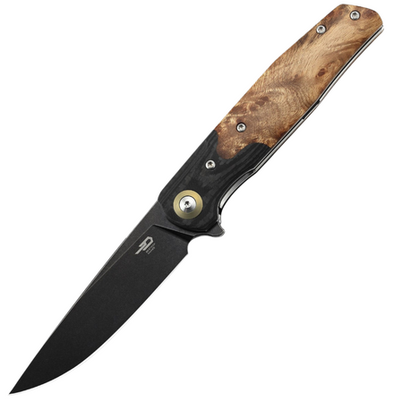 Bestech Ascot Black Carbon Fiber/G10 Lightburl Wood, Black Titanized 14C28N Knife (BG19E)