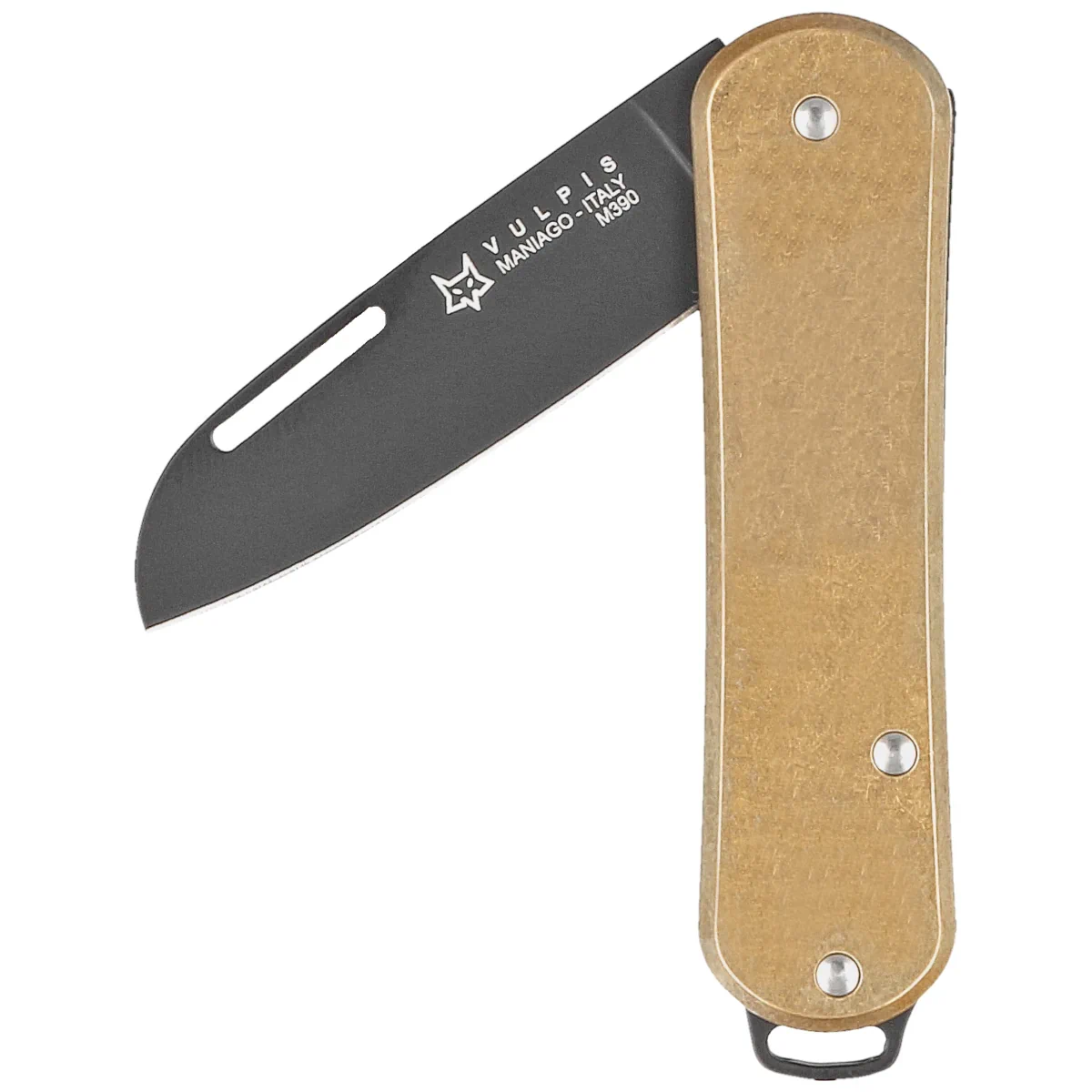 Fox Vulpis Brass, Black Top Shield M390 Pocket Knife (FX-VP108 OTB)