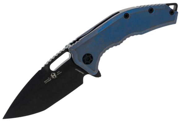 Heretic Medusa Manual T/E Antique Blue Titanium, Black DLC MagnaCut Knife by Tony Marfione Jr. (H009-6A-TIBLU)