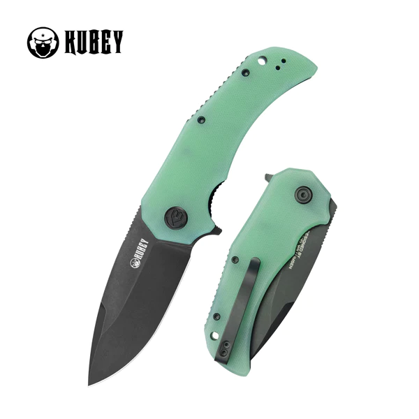 Kubey Knife Bravo One Drop Point Jade G10, Black Stonewashed AUS-10 by Mikkel Willumsen (KU319C)