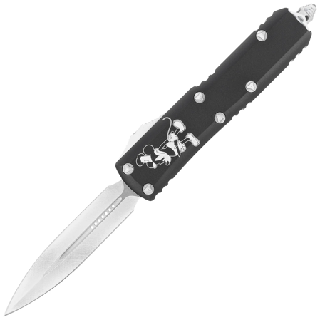 Microtech UTX-85 D/E Steamboat Willie Signature Black Aluminium, Antique White M390 OTF knife (232-1SB)