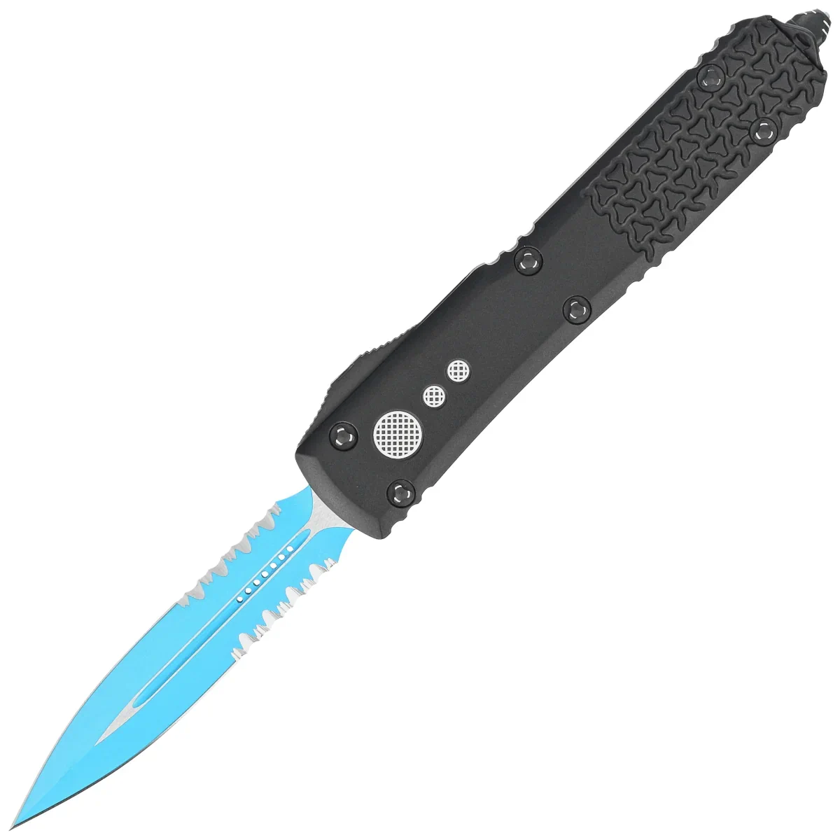 Microtech Ultratech D/E Jedi Knight Signature OTF Knife Tri-Grip Black Aluminum, Blue P/S M390 by Tony Marfione (122-2JK)