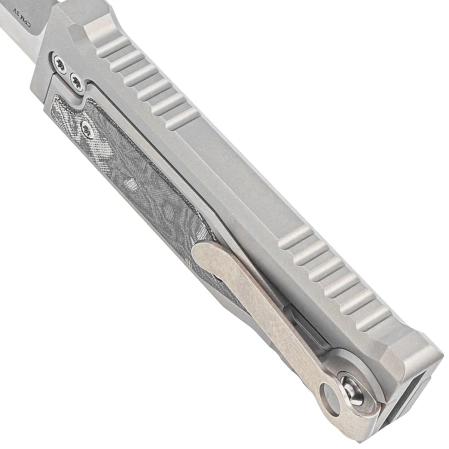 Reate Knife Mini EXO OTF Gravity Drop Point Bead Blasted Titanium/Burl Linen Micarta, Stonewashed CPM 3V