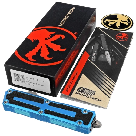 Nóż automatyczny OTF Microtech Scarab II Gen III D/E Blue Aluminium, Stonewashed M390MK by Tony Marfione (1280-10BL)