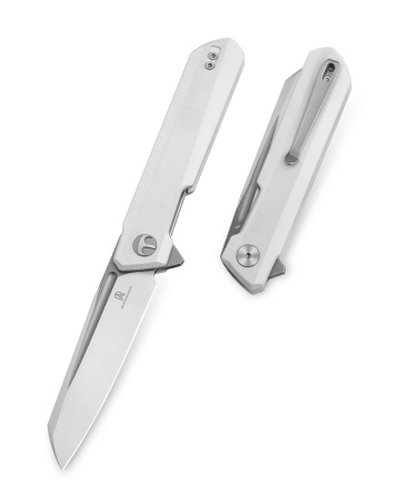 Bestechman Dundee Sheepfoot Knife White G10, Grey PVD/Satin D2 by Ostap Hel (BMK09C)