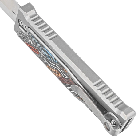 Nóż grawitacyjny Reate EXO-M OTF Gravity Drop Point Bead Blasted Titanium/Damascus MultiColor G10, Satin Elmax