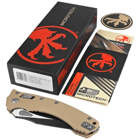 Microtech Amphibian Ram-Lok S/E Knife Fluted Tan G10, Black P/S M390MK by Tony Marfione (137RL-2FLGTTA)