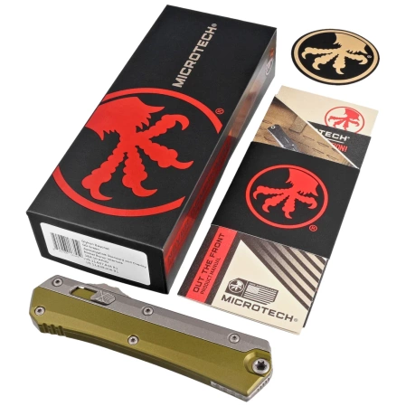 Microtech Glykon Bayonet OD Green Aluminum/Apocalyptic Titanium, Apocalyptic M390 by Tony and Sean Marfione OTF automatic knife (184-10APOD)