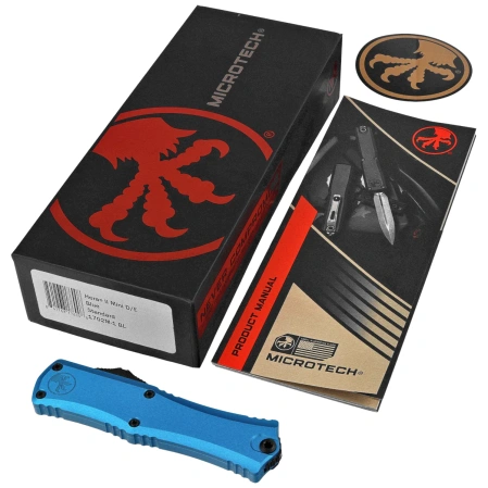 Microtech Hera II Mini D/E OTF Knife Blue Aluminum, Black M390MK by Tony Marfione (1702M-1BL)