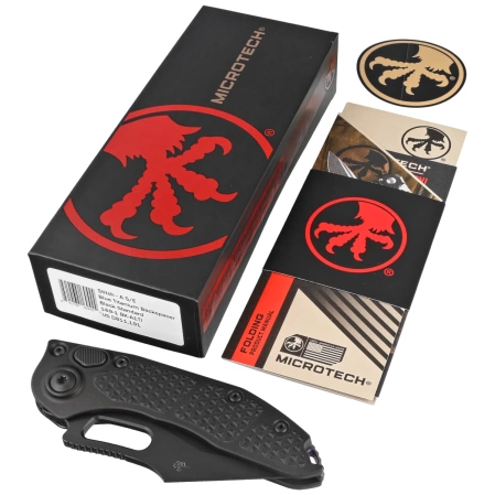 Microtech Stitch-A S/E Automatic Knife Black Aluminum, Blue Ti HW, Black M390 by Borka Blades and Tony Marfione (169-1BK-A1TI)