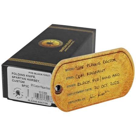 Spartan Blades Harsey Folder ''Plague Doctor'' Black/Gold Titanium, Satin MagnaCut by William W. Harsey (SF5DOCTOR BK)