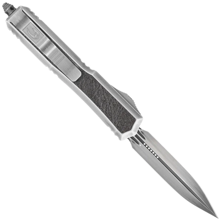 Microtech Makora D/E Signature OTF Knife Silver Distressed Aluminium/Leather, Black Stonewashed M390 by Tony Marfione (206-1MD)