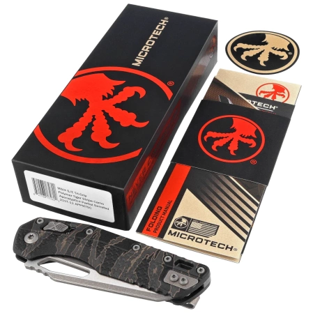 Microtech MSI S/E Ram-Lok Tiger Stripe Camo Tri-Grip Polymer, Apocalyptic P/S M390MK by Tony Marfione (210T-11APPMTSC)