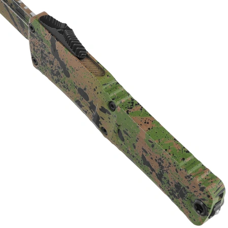 Microtech Combat Troodon Gen III Bowie Signature OTF Knife OD Green/Tan W/Black Splatter Aluminum, OD Green/Tan W/Black Splatter M390MK by Tony Marfione (1146-1ODTA BKSPLS)