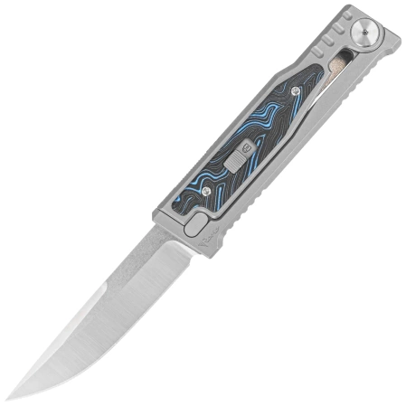 Reate EXO-M Gravity Drop Point Knife Bead Blasted Titanium/Damascus Blue-Black G10, Satin Elmax