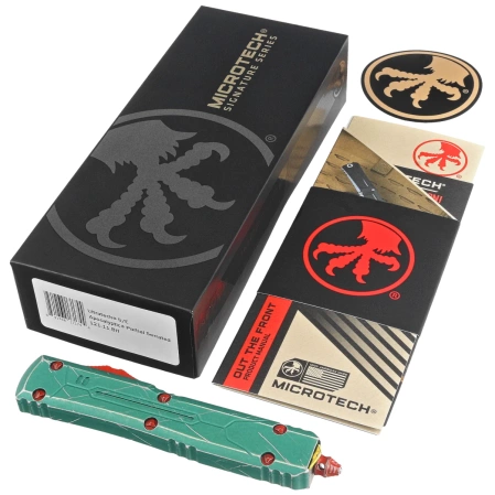 Nóż automatyczny OTF Microtech Ultratech S/E Bounty Hunter Signature Distressed Green Aluminium, Apocalyptic P/S M390 by Tony Marfione (121-11BH)