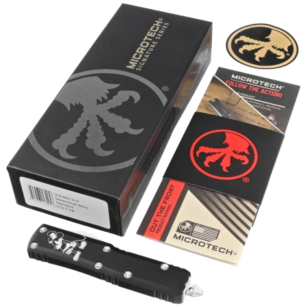 Nóż automatyczny OTF Microtech UTX-85 D/E Steamboat Willie Signature Black Aluminium, Antique White M390 (232-1SB)