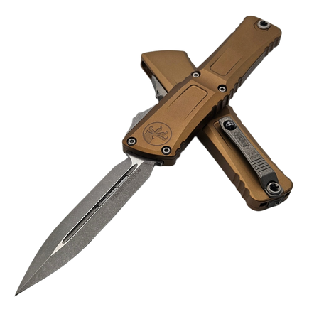 Microtech Combat Troodon Gen III D/E OTF Knife Tan Aluminum, Apocalyptic M390MK by Tony Marfione (1142-10APTA)