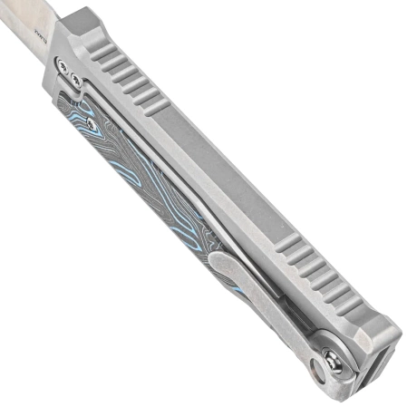 Reate EXO-M Gravity Drop Point Knife Bead Blasted Titanium/Damascus Blue-Black G10, Satin Elmax