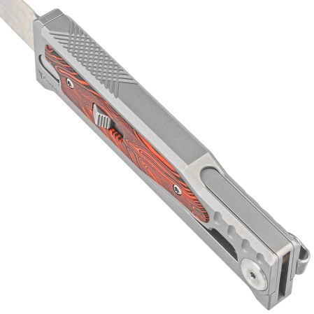 Reate Knife EXO-M OTF Gravity D/E Bead Blasted Titanium/Damascus Red-Black G10, Satin Elmax