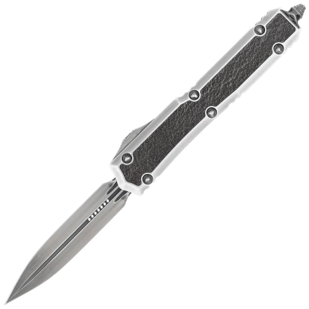 Nóż automatyczny OTF Microtech Makora D/E Signature Silver Distressed Aluminium/Leather, Black Stonewashed M390 by Tony Marfione (206-1MD)