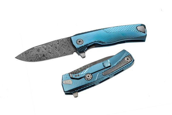 Nóż składany LionSteel ROK Blue Titanium, Chad Nichols Scrambled Damascus (ROK DD BL)