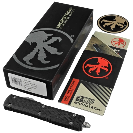 Nóż automatyczny OTF Microtech Ultratech T/E Signature Carbon Fiber/Black Aluminium, Satin M390 by Tony Marfione (123-4CFS)