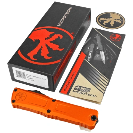 Microtech Combat Troodon Gen III D/E OTF Knife Orange Aluminum, Black M390MK by Tony Marfione (1142-1OR)