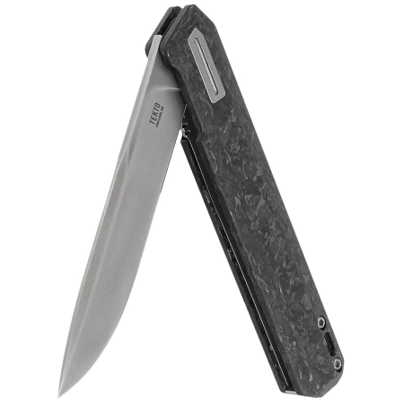 Tekto F2 Bravo Knife Black Forged Carbon Fiber, Silver HW/Clip, Satin D2