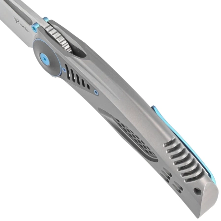 Reate GTR Knife Bead Blasted Titanium/Zirconium Inlay, HW Ti-Blue Clip, Hand Satin M390