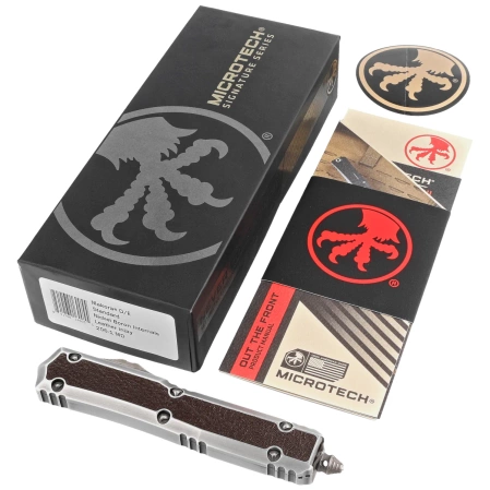 Microtech Makora D/E Signature OTF Knife Silver Distressed Aluminium/Leather, Black Stonewashed M390 by Tony Marfione (206-1MD)