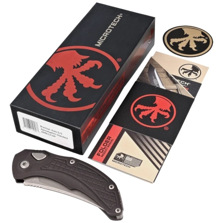 Microtech Brachial Black Aluminum, Apocalyptic by Bastinelli and Tony Marfione switchblade (268A-10AP)