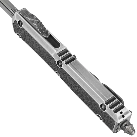 Nóż automatyczny OTF Microtech Makora D/E Signature Silver Distressed Aluminium/Leather, Black Stonewashed M390 by Tony Marfione (206-1MD)