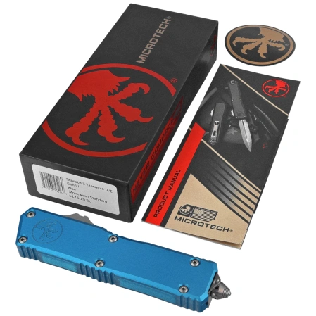 Microtech Scarab II Gen III Executive D/E OTF Knife Blue Aluminum, Stonewashed M390MK by Tony Marfione (1175-10BL)