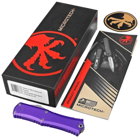 Microtech Hera II Mini Bayonet OTF Knife Purple Aluminum, Stonewashed M390MK by Tony Marfione (1701M-10PU)