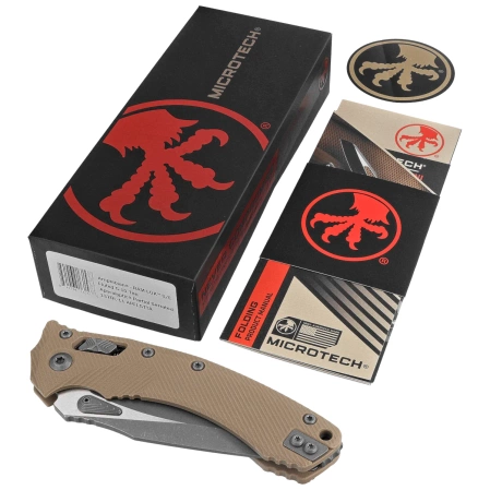 Nóż składany Microtech Amphibian Ram-Lok S/E Fluted Tan G-10, Apocalyptic P/S M390MK by Tony Marfione (137RL-11APFLGTTA)