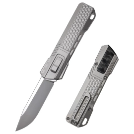 Nóż grawitacyjny Remette RT-Sharp Leopard Titanium, Manual Fine Grinding Pearlescent/Manual Wire Drawing M390 (ZL301E)