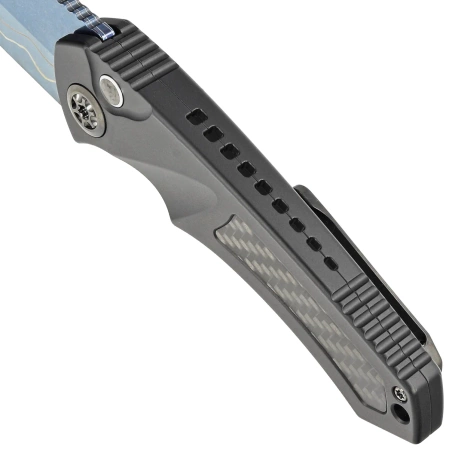 Nóż automatyczny Heretic Pariah-A Custom DLC Aluminium / Carbon Fiber Inlays, Blued Baker Forge AuroraMai Damascus by Tony Marfione Jr.