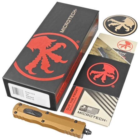 Nóż automatyczny OTF Microtech Dirac D/E Tan Aluminium, Black M390 by Tony Marfione (225-1TA)