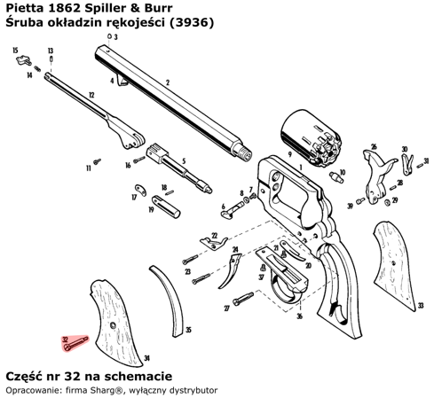 Śruba okładzin rękojeści Pietta 1862 Spiller & Burr (3936)